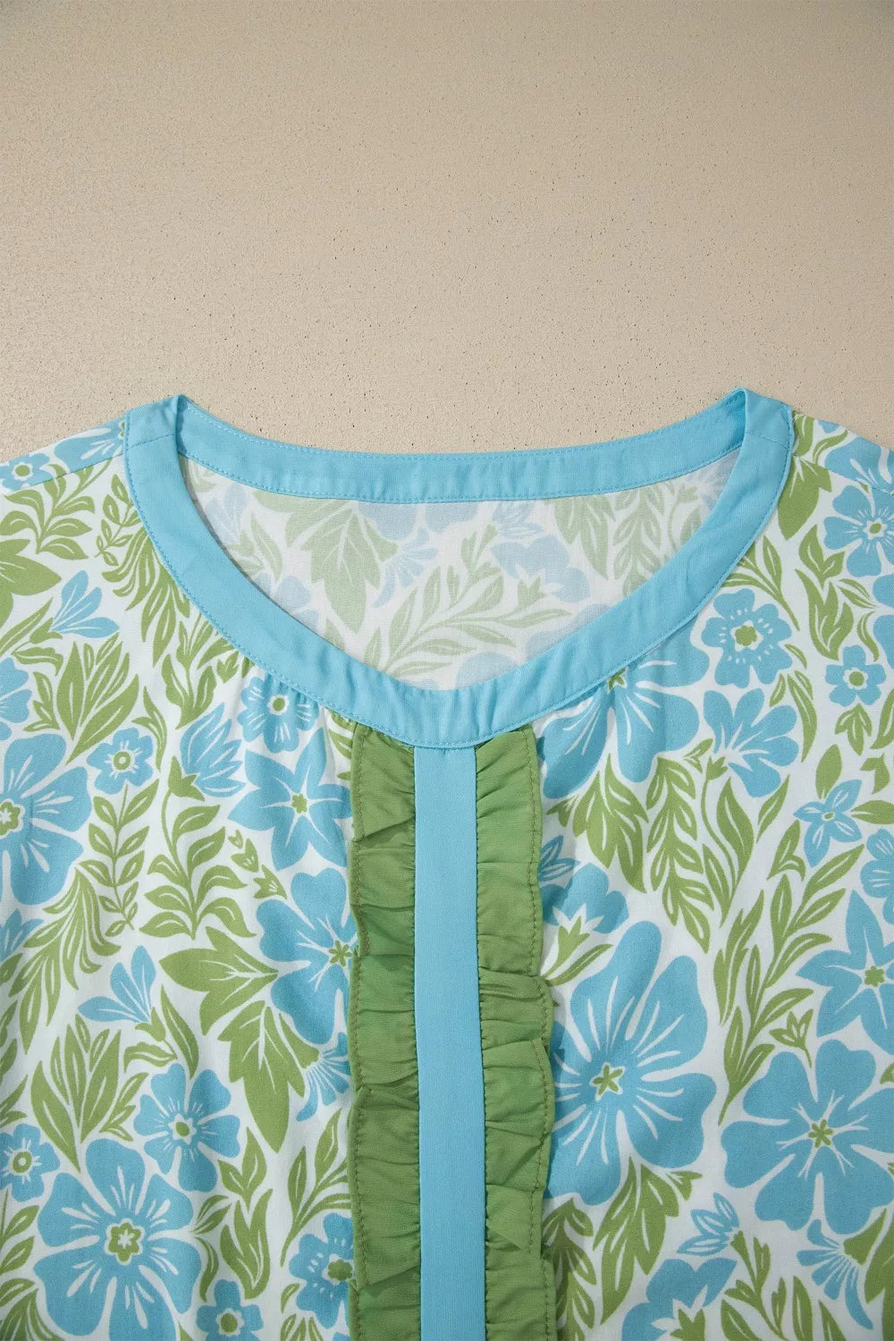 Floral Print Ruffled Color Block Blouse with Half Sleeves