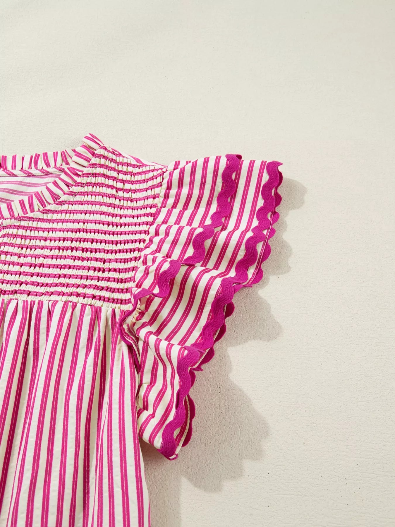 Striped Shirred Yoke Ruffle Sleeve Blouse in Pink and White