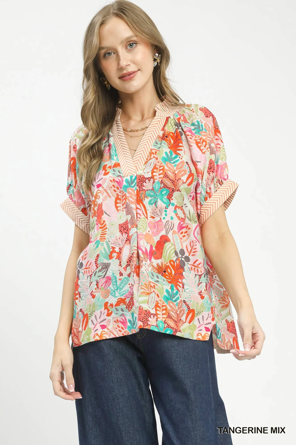 Women's Boho V-Neck Cotton Top Abstract Print