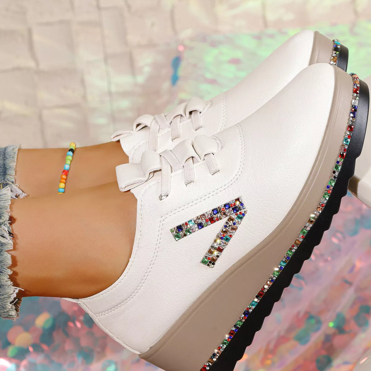 White Rhinestone Wedge Sneakers Mid Heel Comfort Walking Shoes