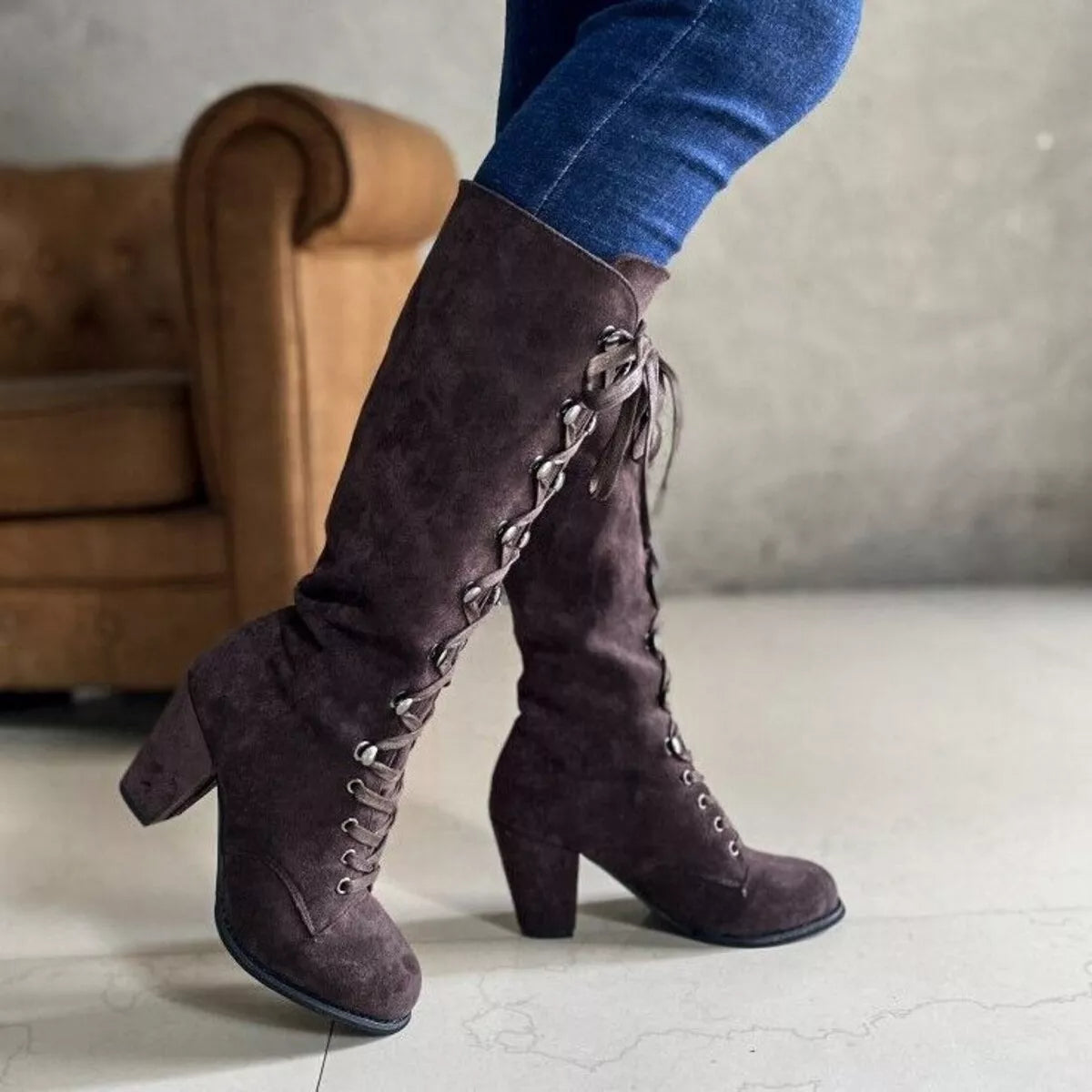 Women's Navy Suede Lace-Up Block Heel Boots