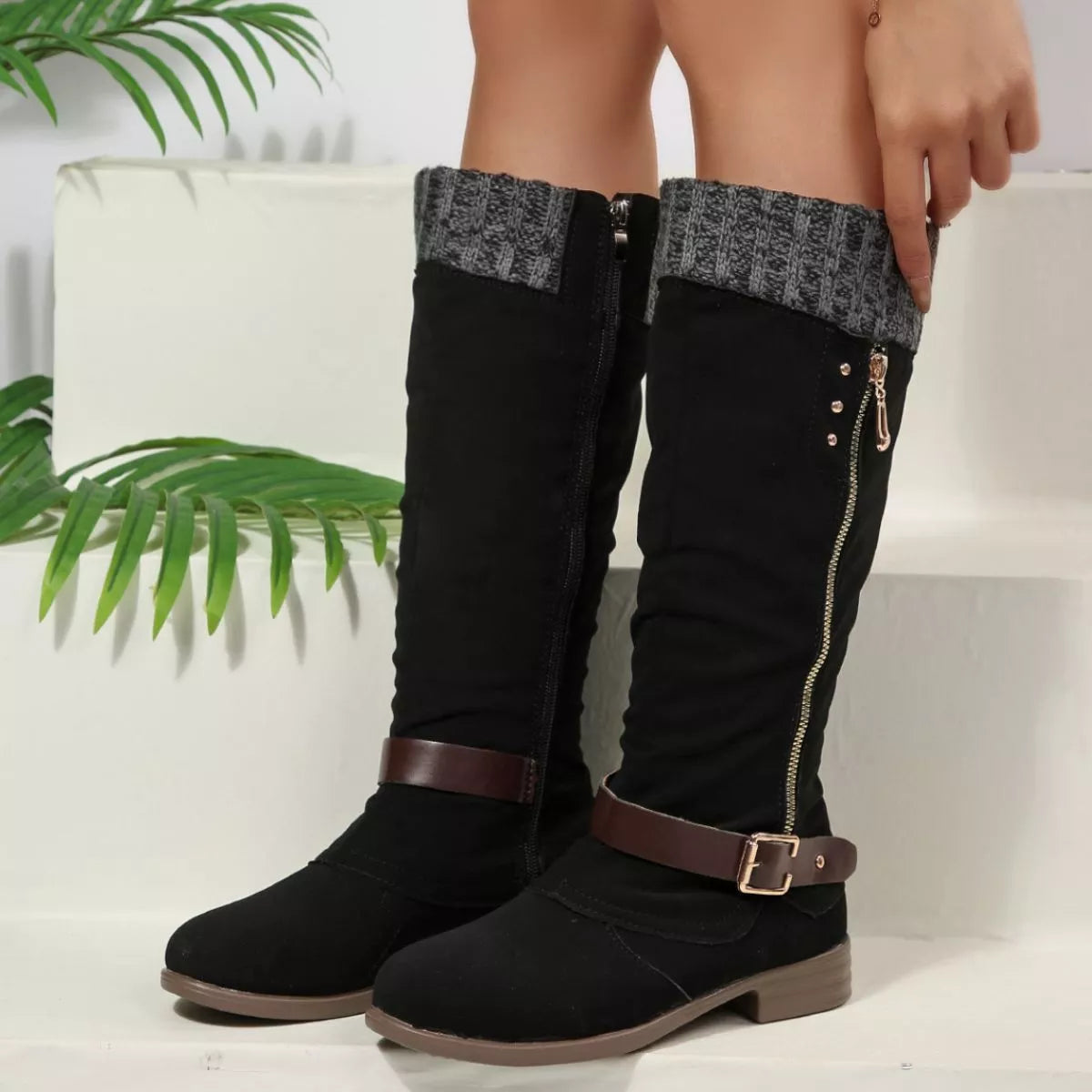 Women Black Suede Mid-Calf Boots with Knit Cuff and Buckle Detail