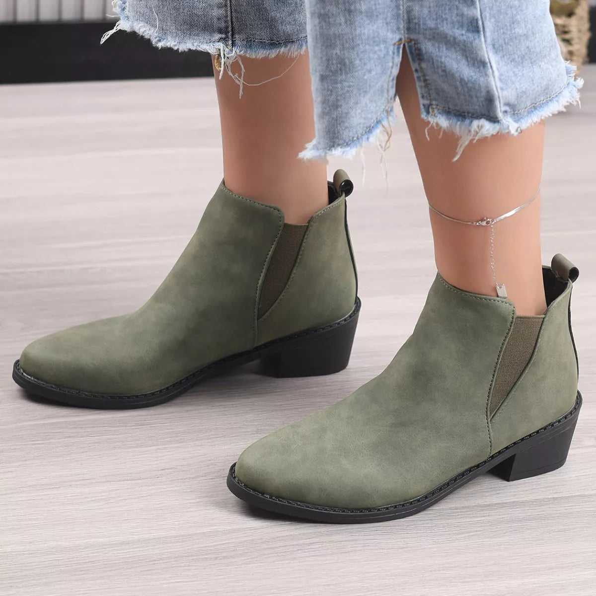 Women's Black Point Toe Mid Block Heel Ankle Boots