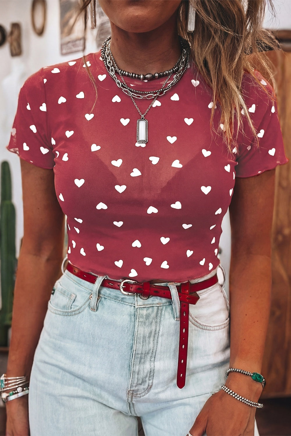 Women's Sheer Heart Print Fitted T-Shirt Short Sleeve Casual Top