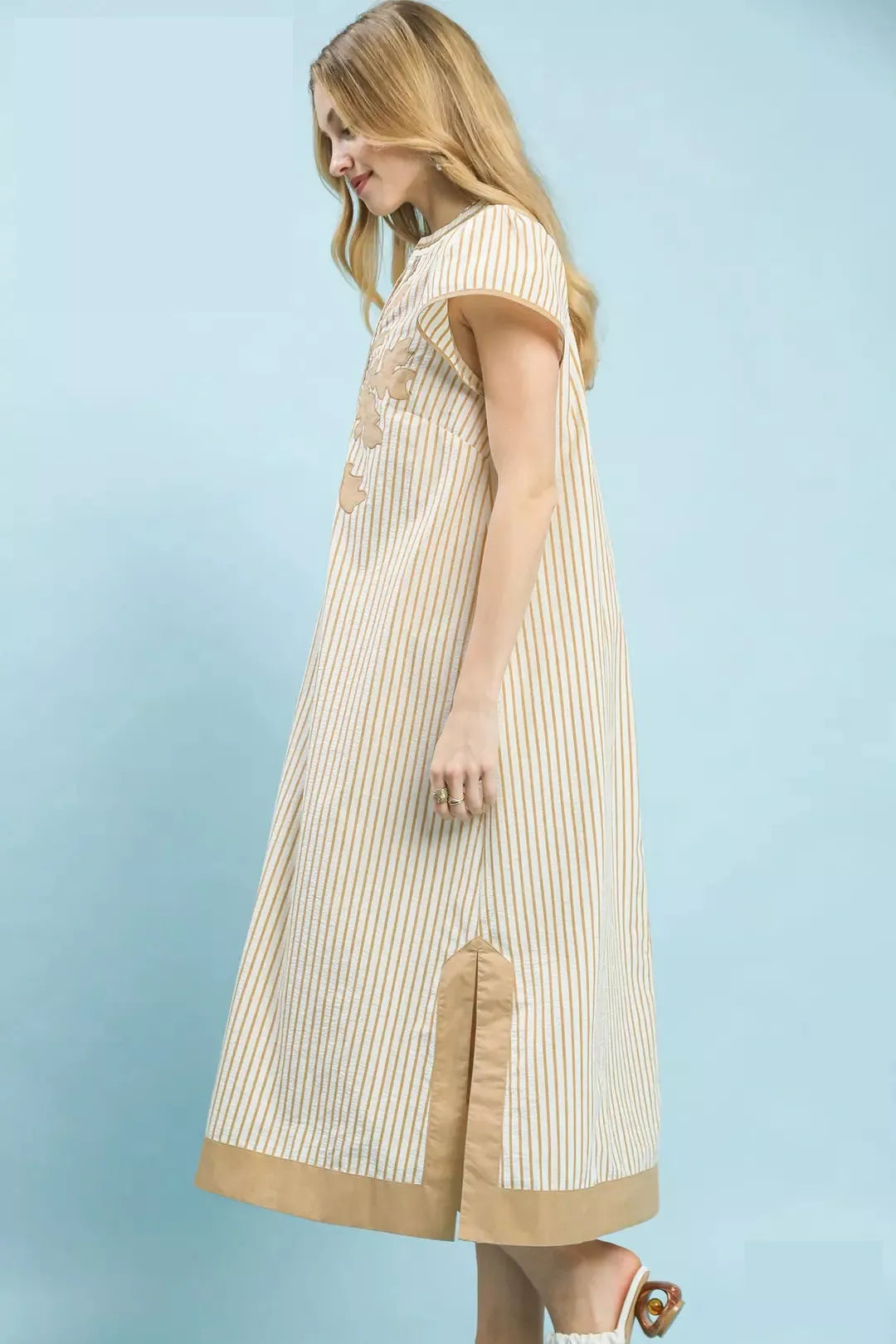 Tan Stripe Midi Dress with Flutter Sleeves and Applique Detail
