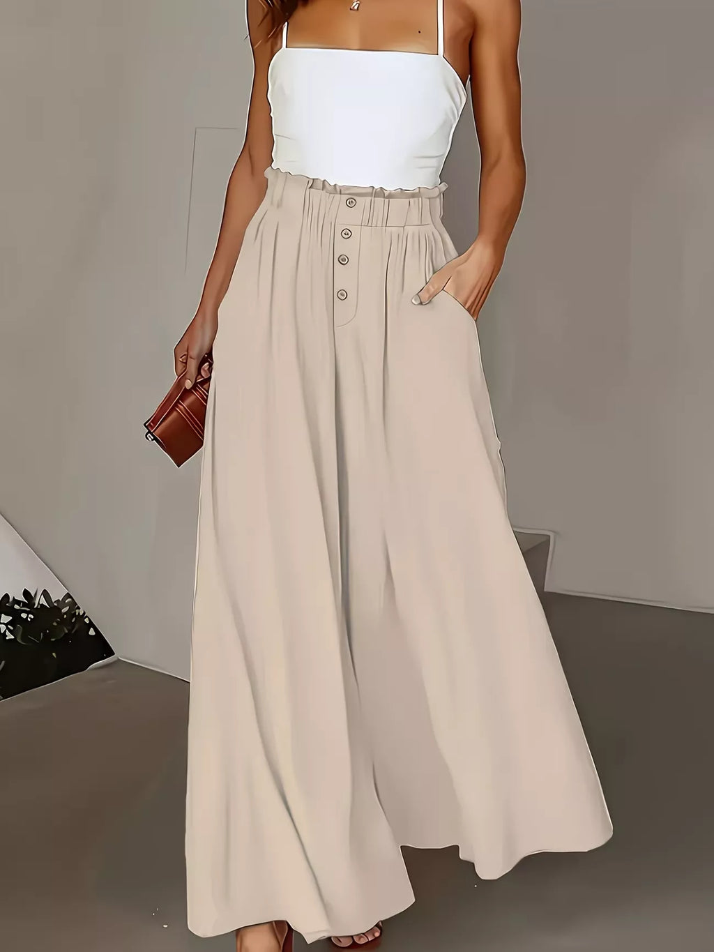 Beige High-Waisted Wide-Leg Pants with Button Detail