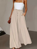 Beige High-Waisted Wide-Leg Pants with Button Detail