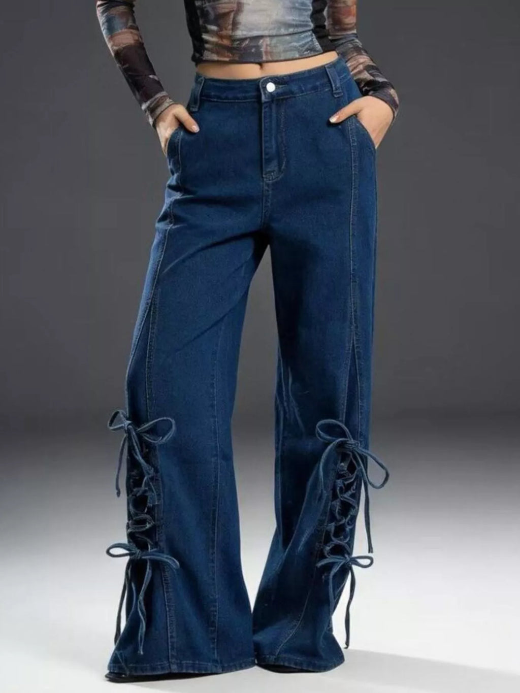 Women's Wide Leg Denim Jeans with Side Lace-Up Detail