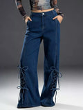 Women's Wide Leg Denim Jeans with Side Lace-Up Detail