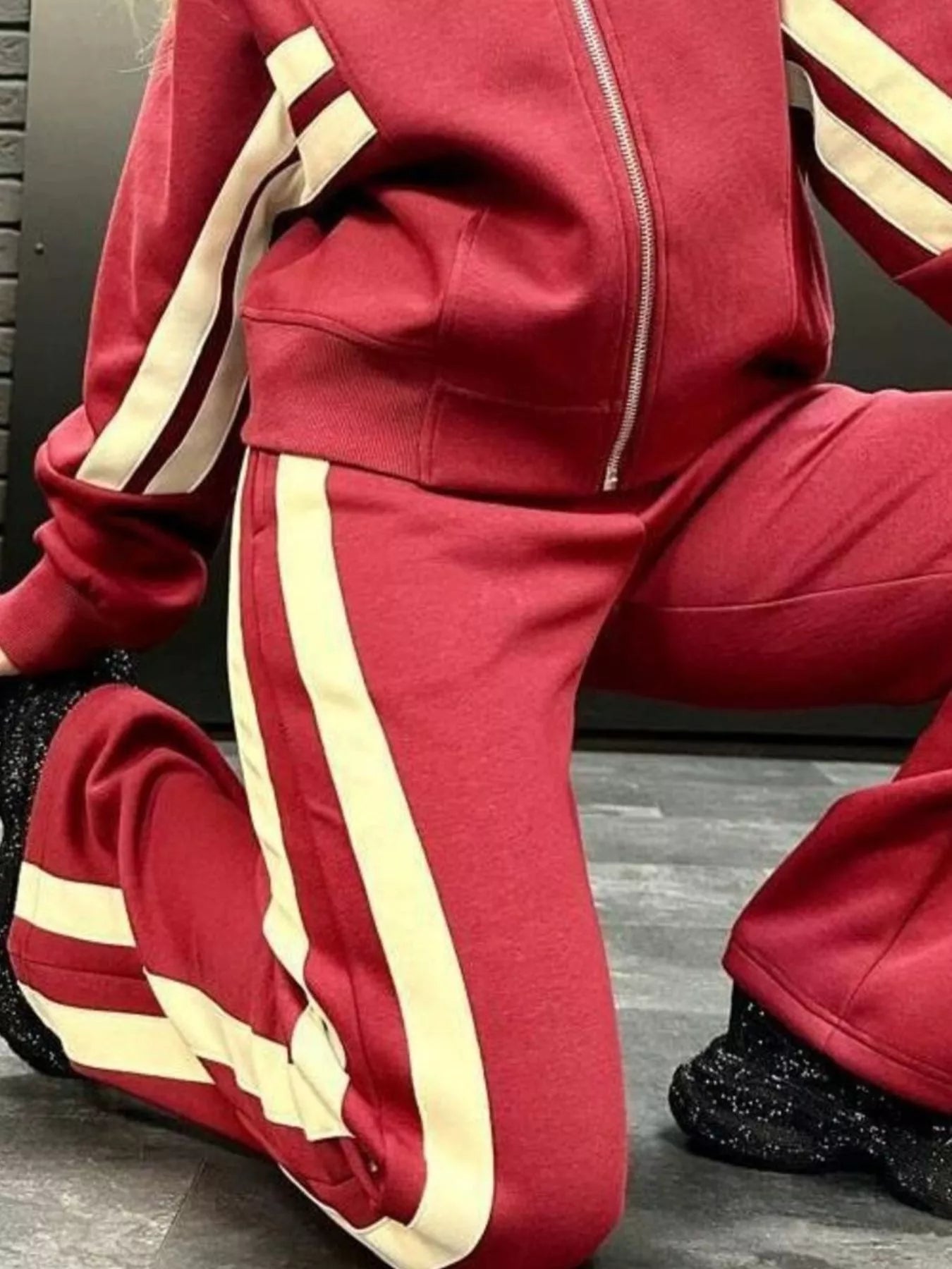Women White Red Striped Zip Up Track Jacket and Pants Set