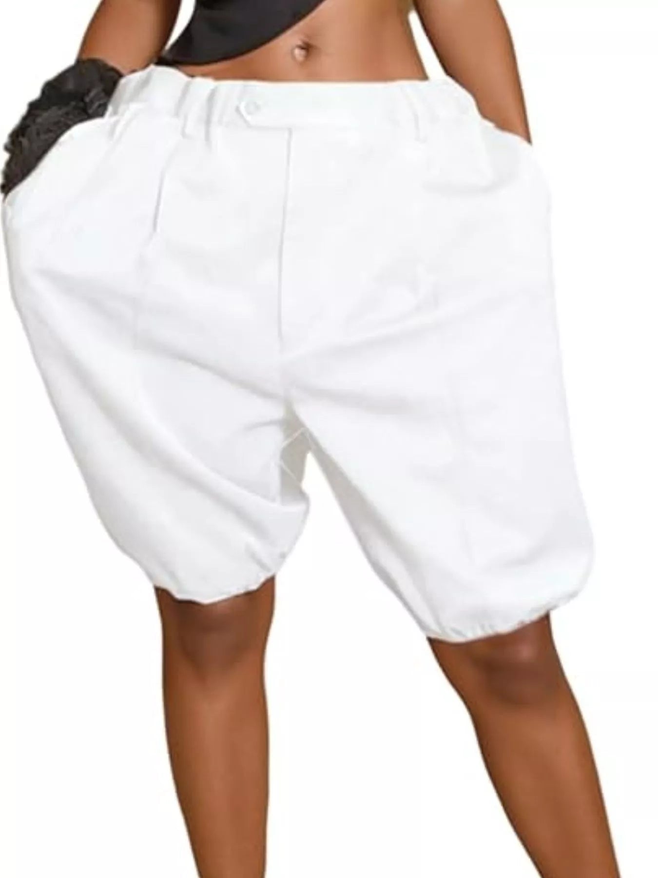 High Waist Pleated Khaki Shorts with Bubble Hem Detail