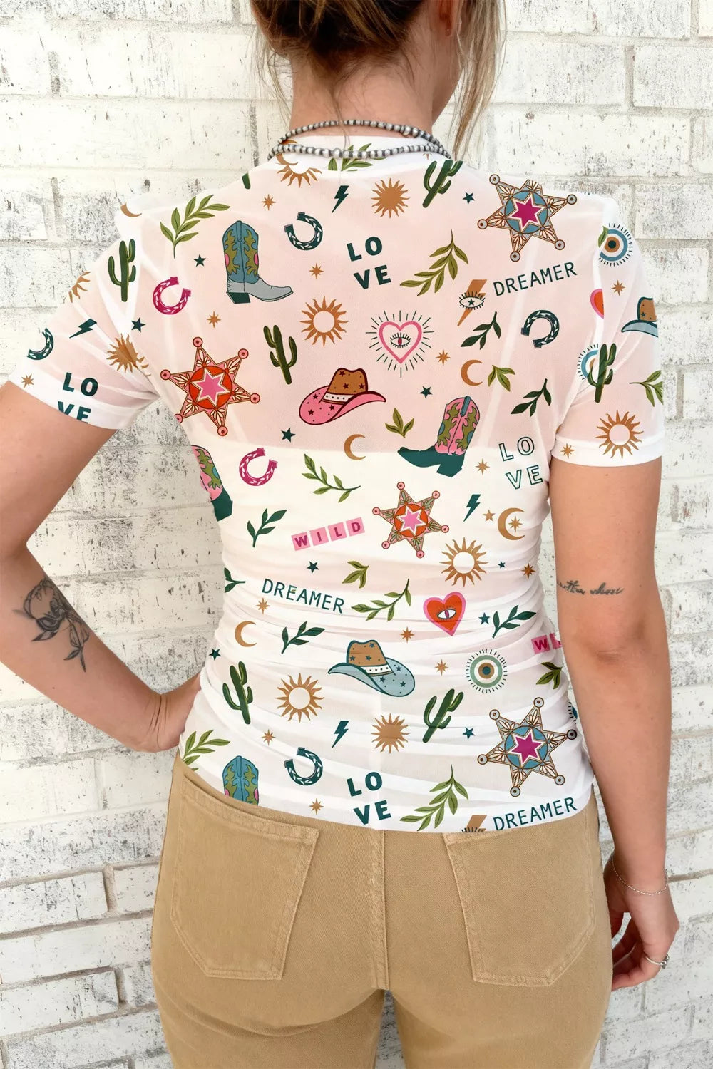 Western Print Sheer Mesh Short Sleeve Top