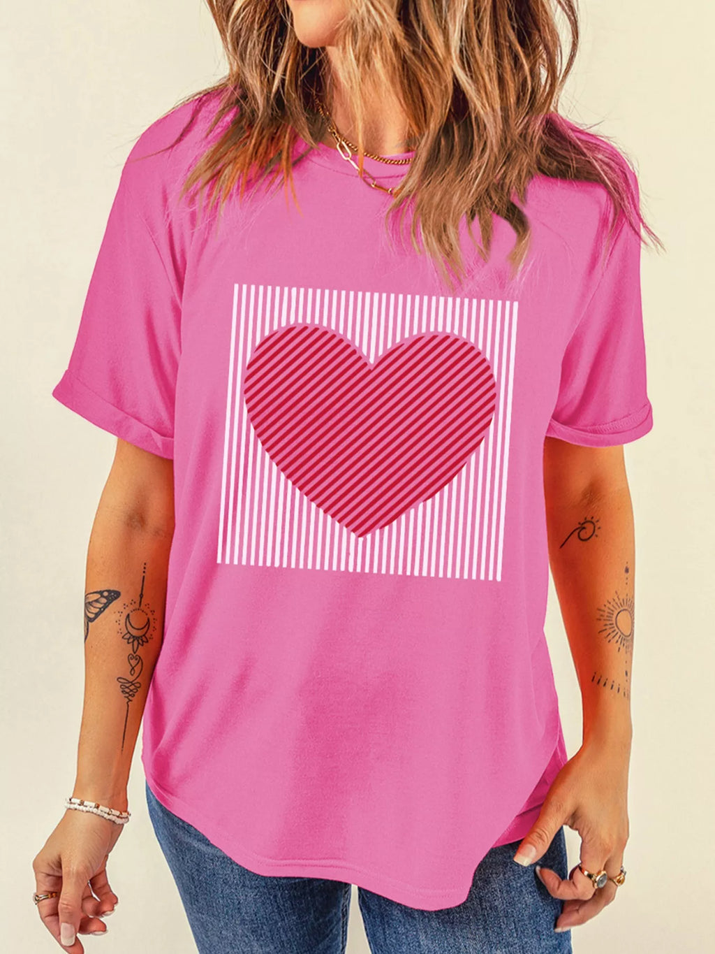 Women’s Valentine’s Day Heart Graphic Tee Contrast Stripe Top