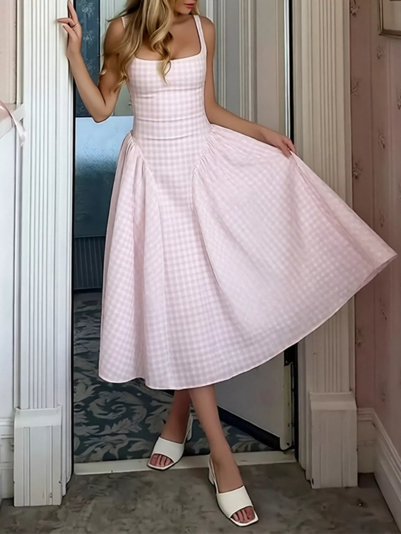 Full Size Plaid Square Neckline Midi Dress Plus Size