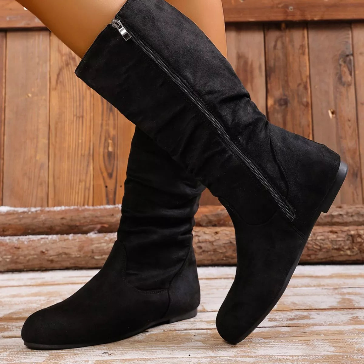 Women's Round Toe Side Zip Suede Mid-Calf Boots