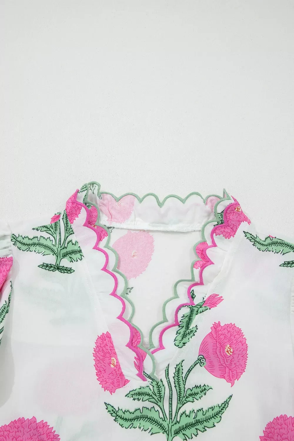 Floral Scallop Trim V Neck Blouse White Pink Green