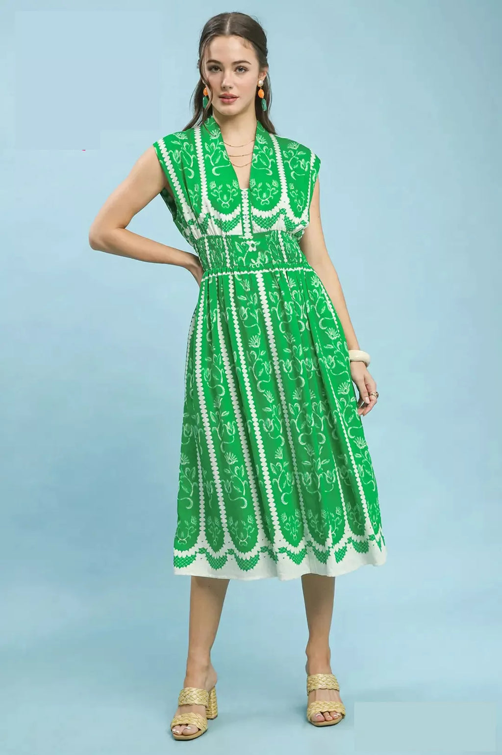 Green Floral Print Sleeveless Smocked Midi Dress