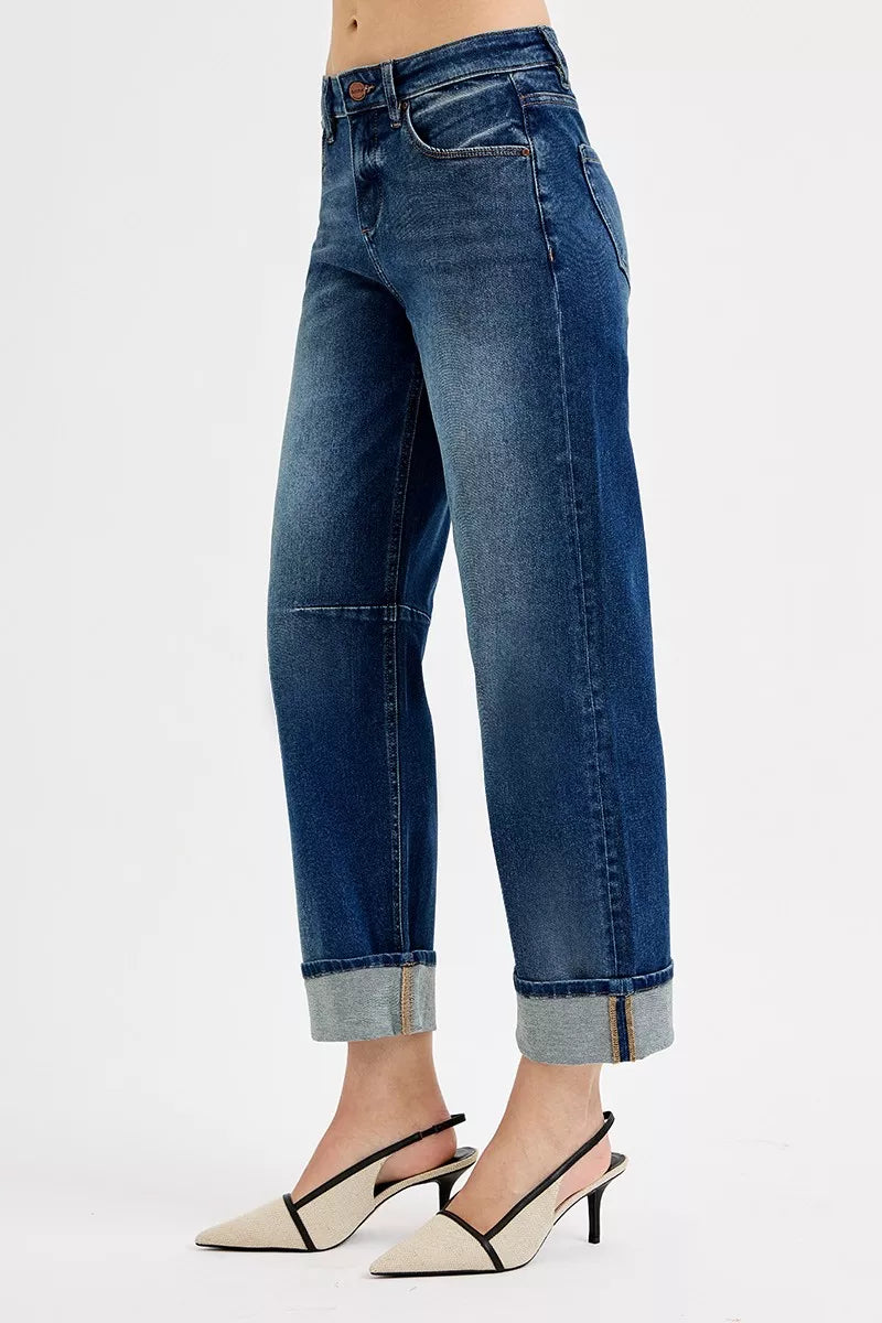 Women's Slouchy Crop Barrel Cuffed Mid-Rise Jeans