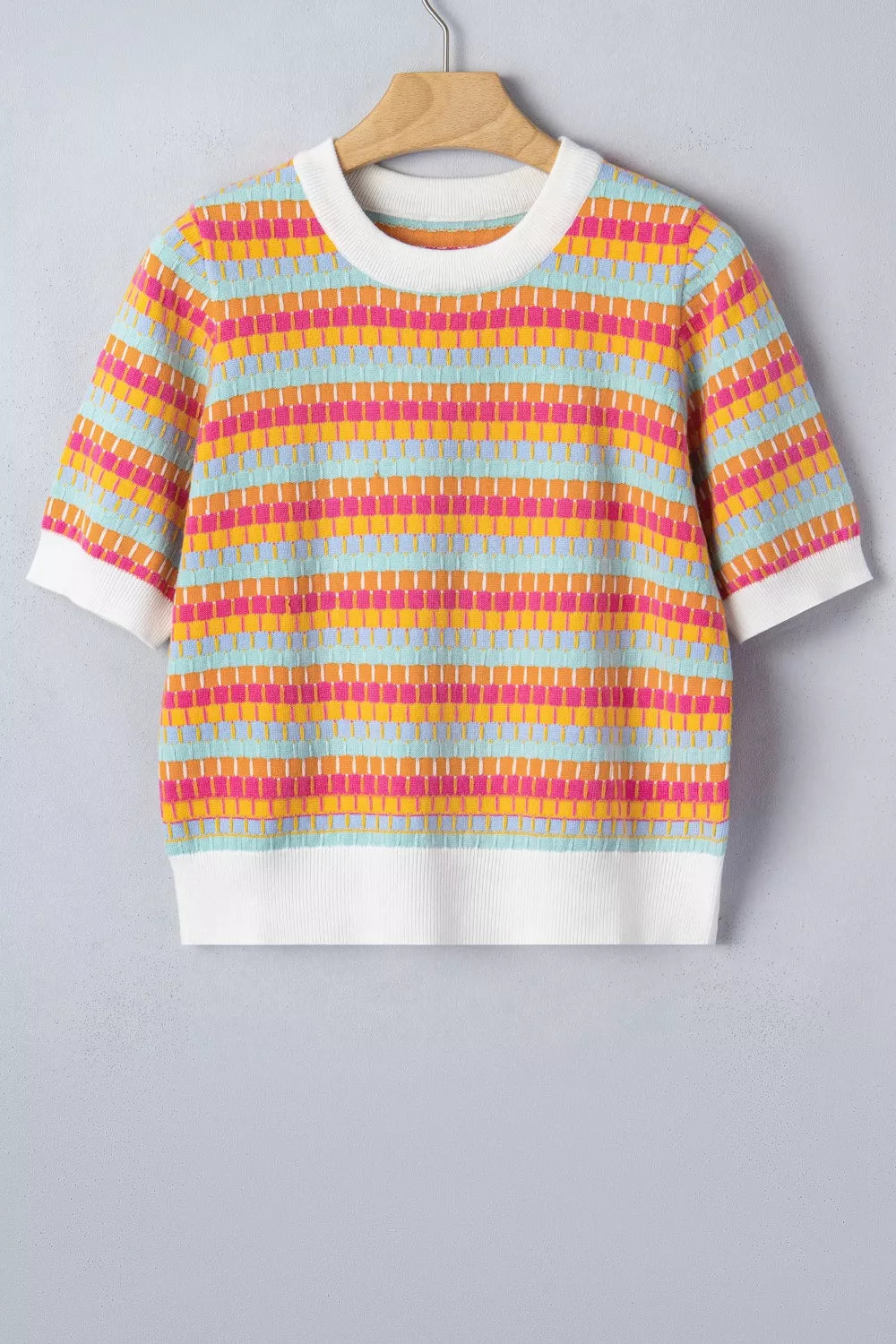 Abstract Striped Knit Short Sleeve Sweater in Multi-Color