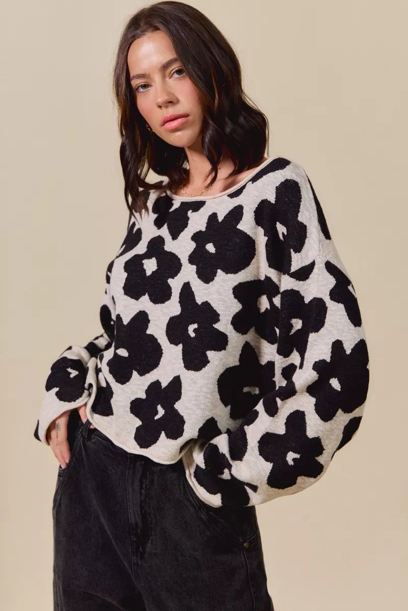 Women's Loose Fit Floral Lightweight Sweater Top Casual Chic