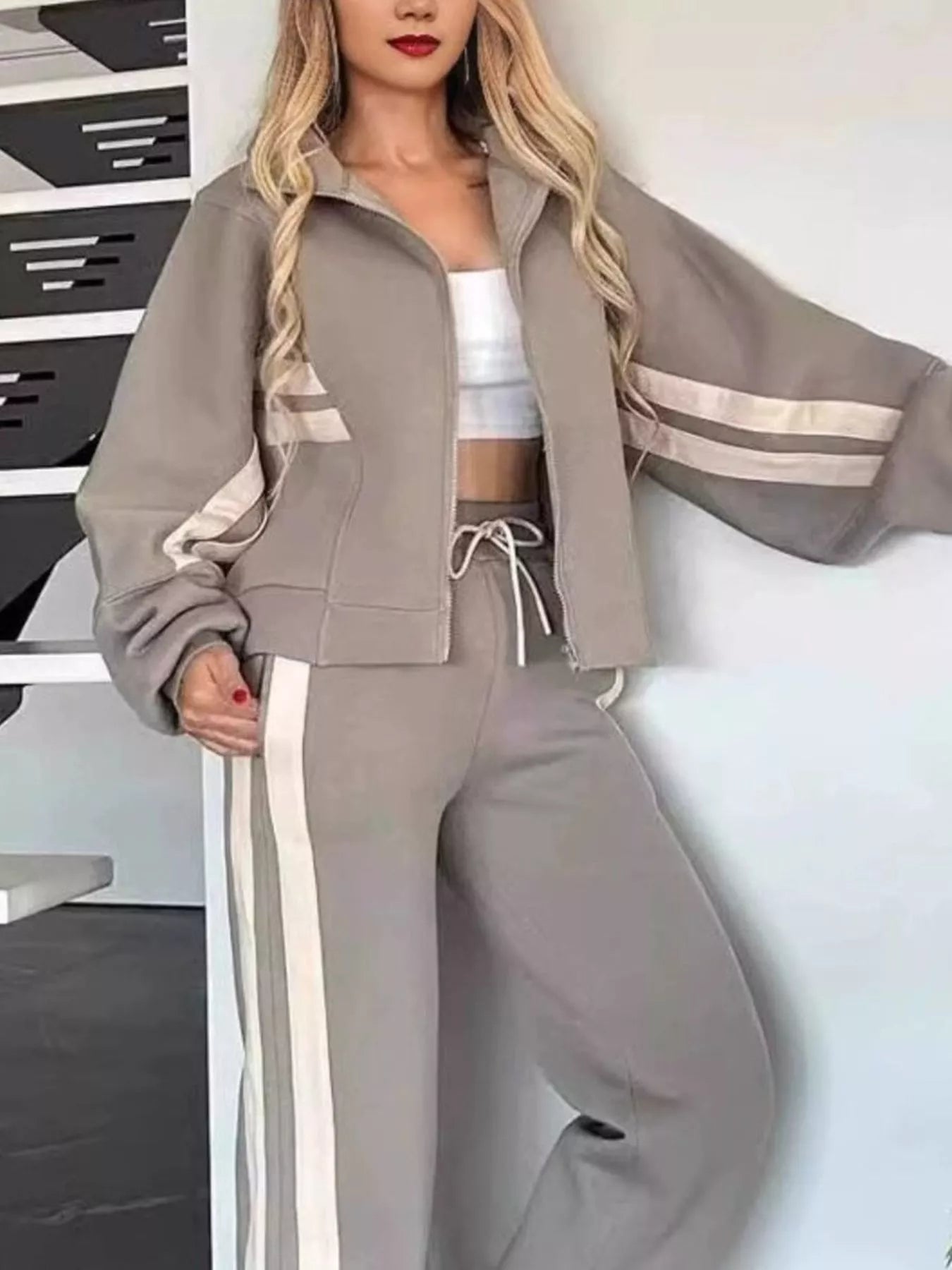 Women White Red Striped Zip Up Track Jacket and Pants Set