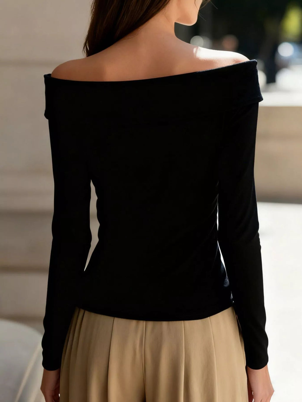 White Off-Shoulder Long Sleeve Blouse with Button Detail