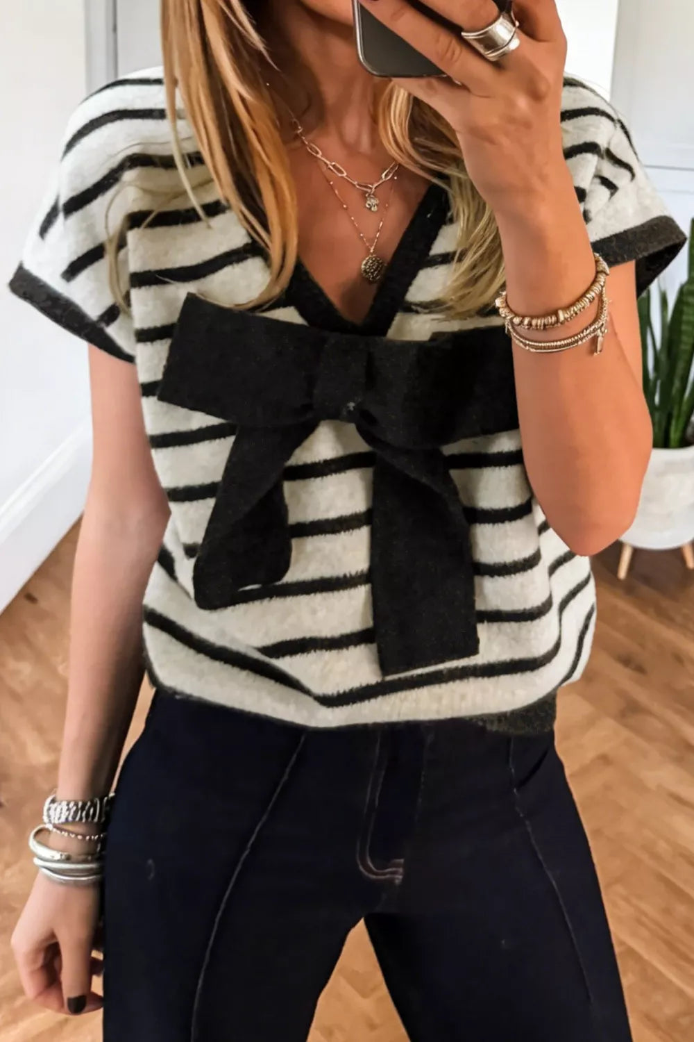 Short Sleeve Striped Sweater with Front Bow Detail