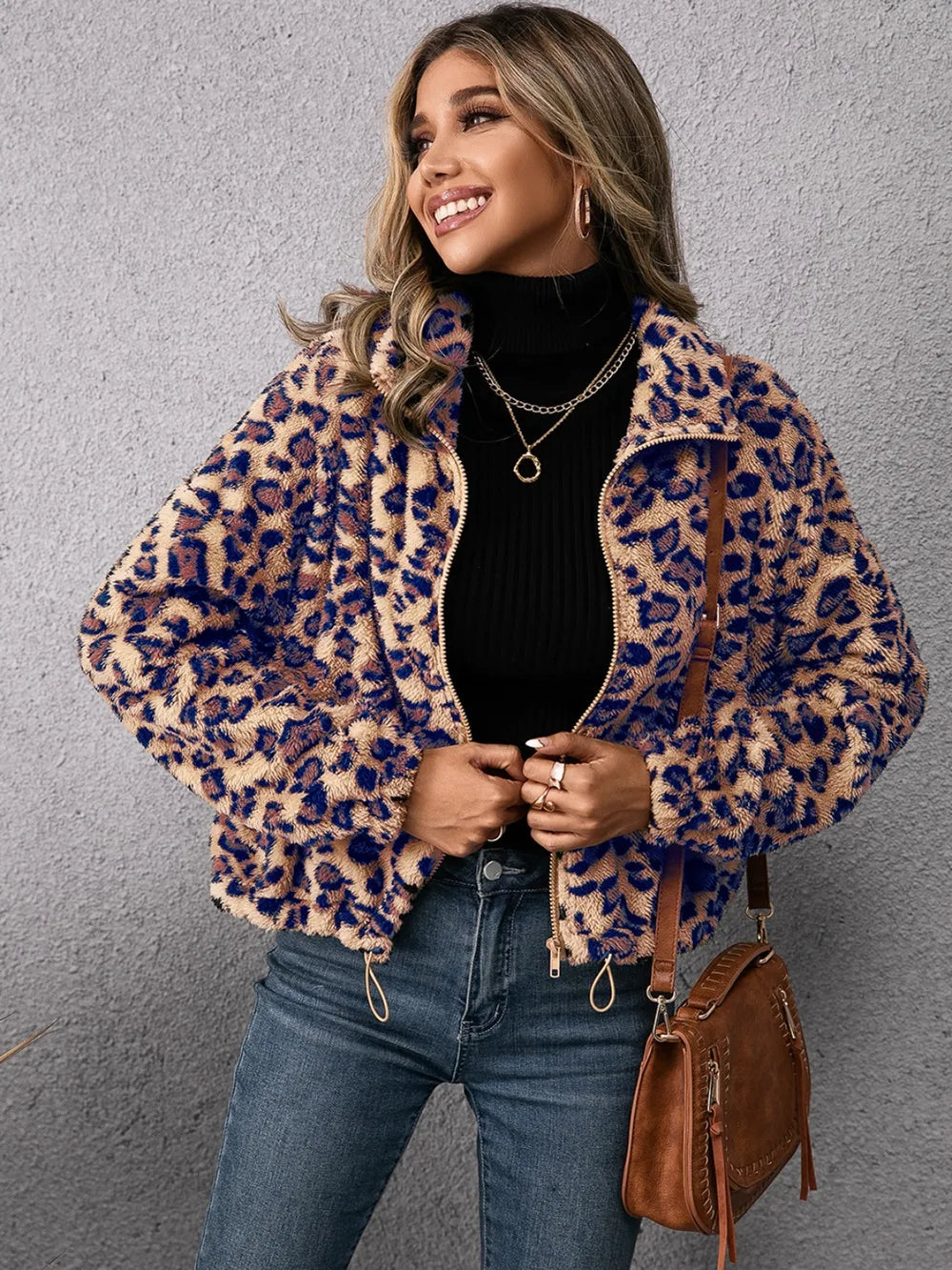 Women's Leopard Print Fleece Zip Up Jacket with Drawstring