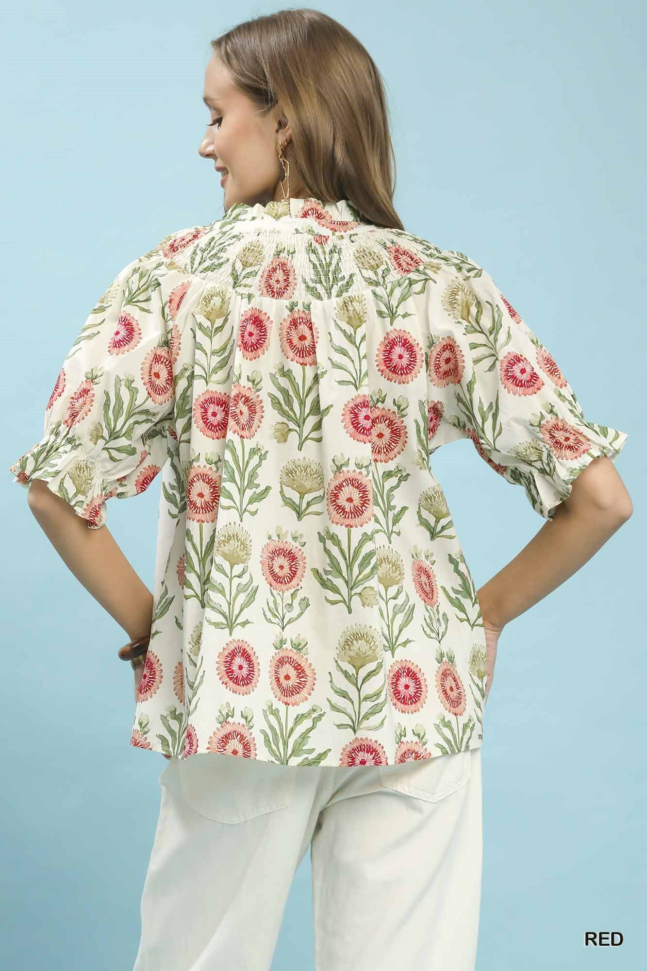 Women's Floral Button-Front Short Sleeve Top