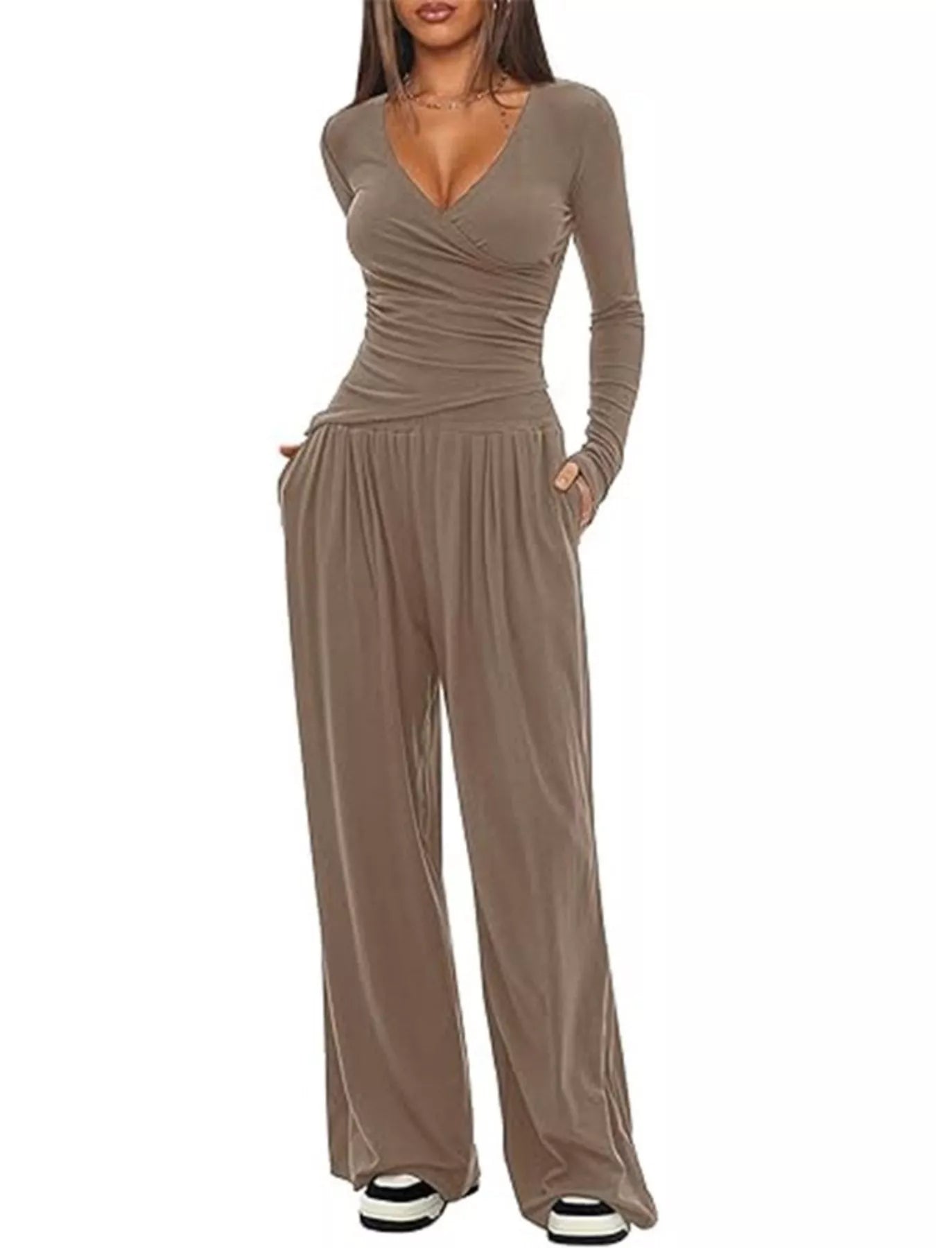 Women's Casual Long Sleeve V-Neck Top and Wide Leg Pants Lounge Set