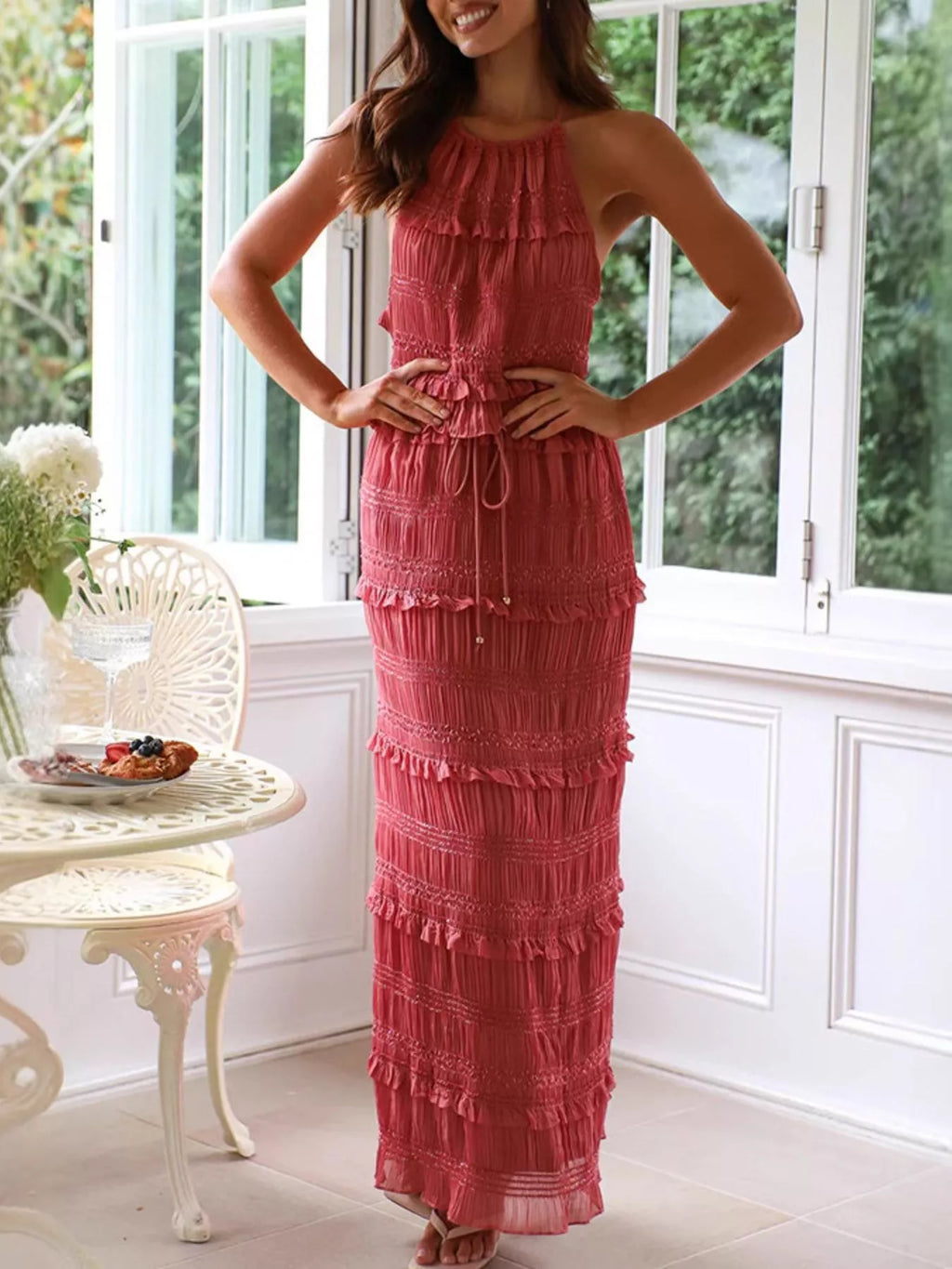 Smocked Sleeveless Halter Top and Maxi Skirt Matching Set