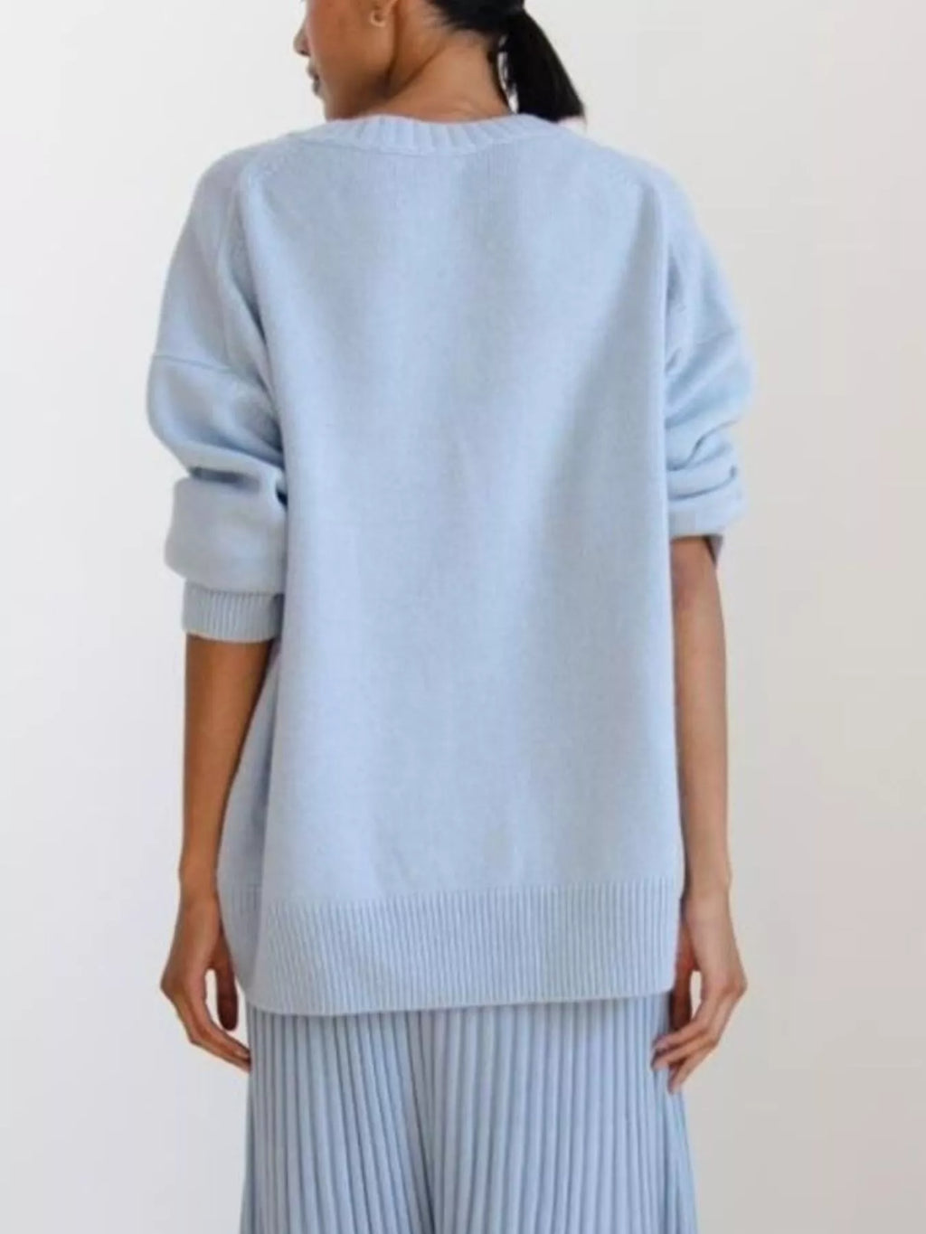 Women's Royal Blue Round Neck Ribbed Hem Long Sleeve Sweater