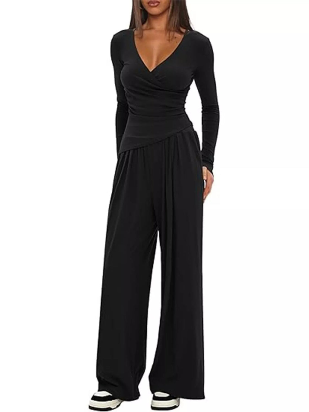 Women's Casual Long Sleeve V-Neck Top and Wide Leg Pants Lounge Set