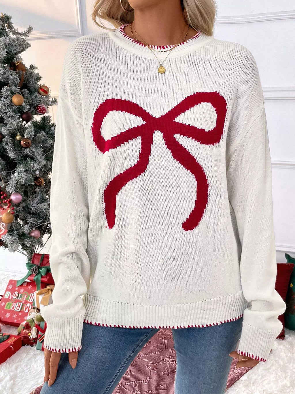 White Round Neck Long Sleeve Bow Print Holiday Sweater