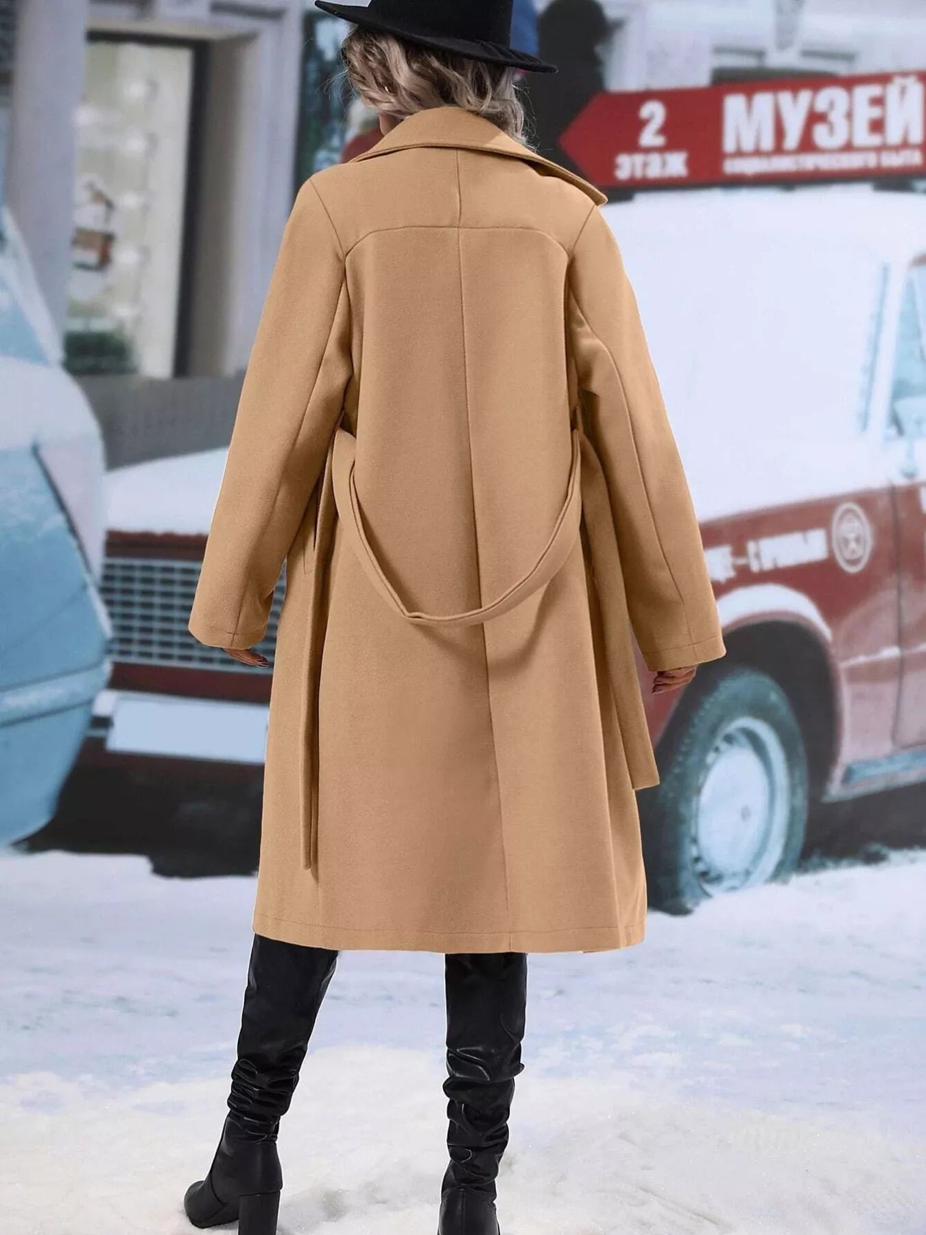 Women's Red Double-Breasted Lapel Collar Belted Long Overcoat