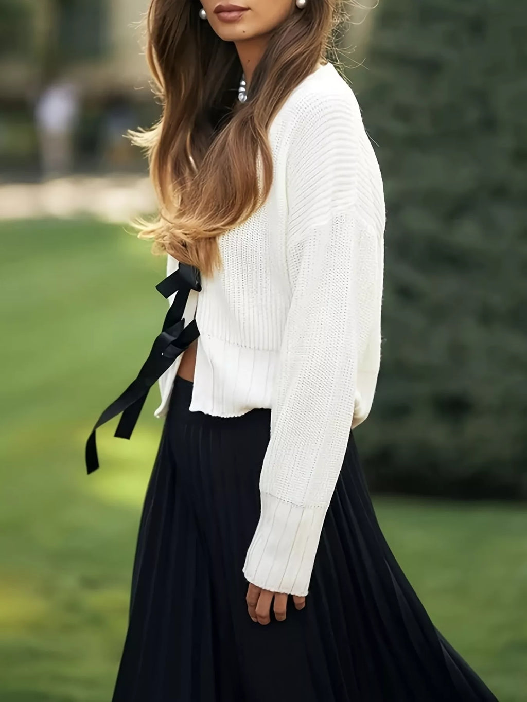 White Tie Front Knit Cardigan with Bow Detail