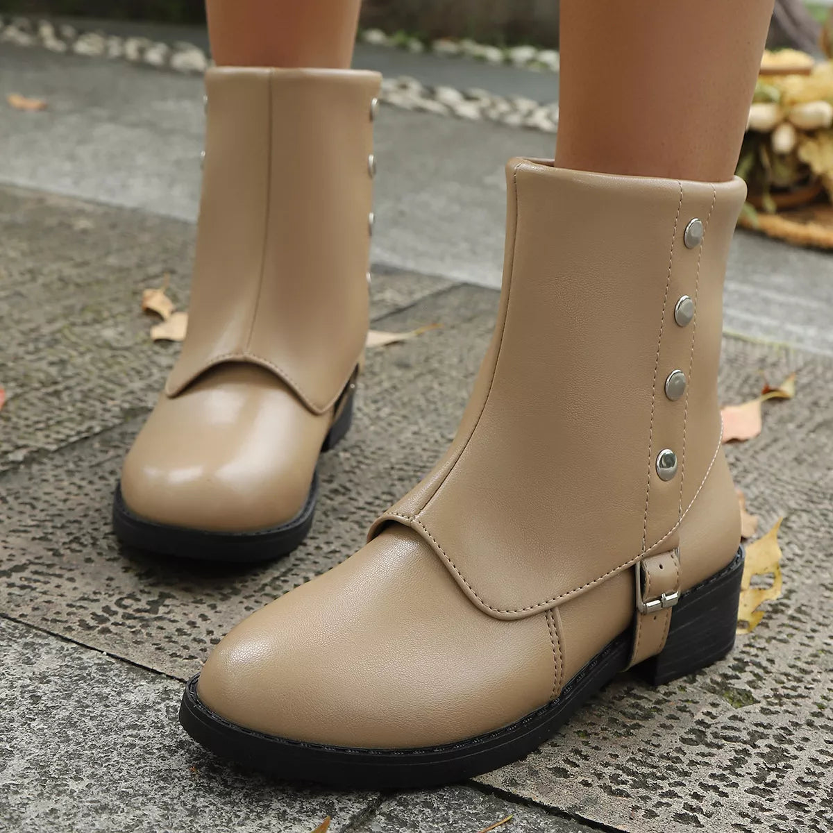 Women's Round Toe White Block Heel Boots with Buckle Detail