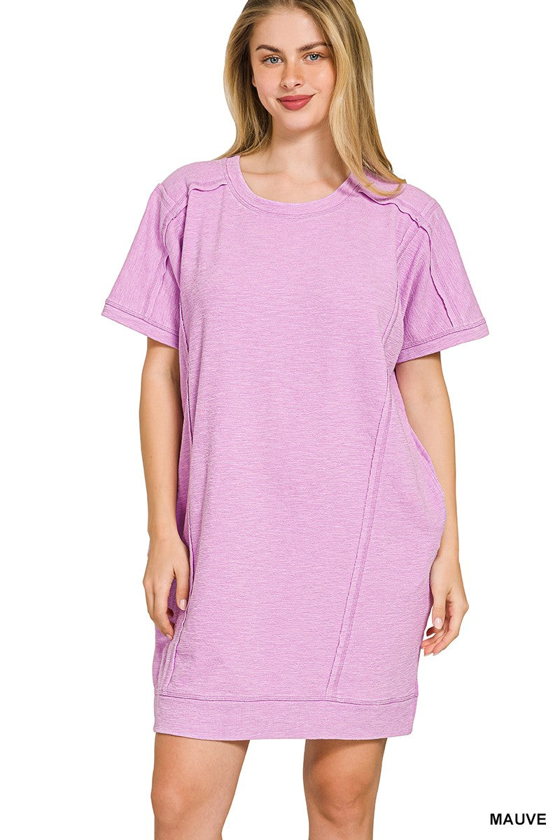 Washed Slub Mini Dress with Pockets - Mauve