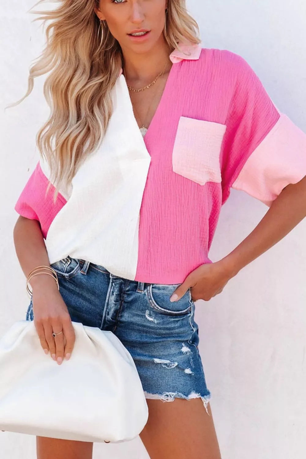 Color Block Casual Cotton Button Down Shirt in Pink and White