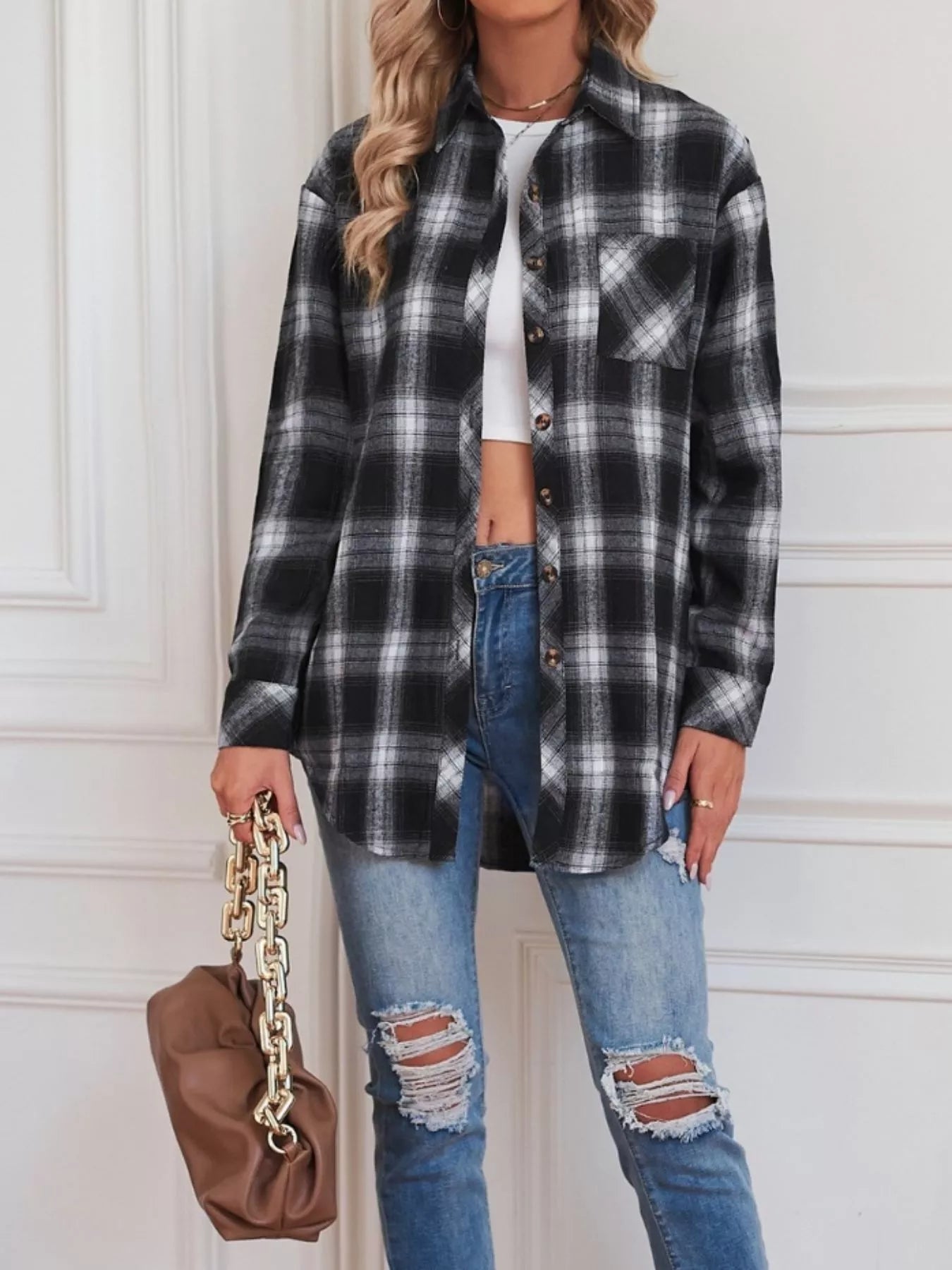 Women's Black and White Plaid Button Up Long Sleeve Shirt