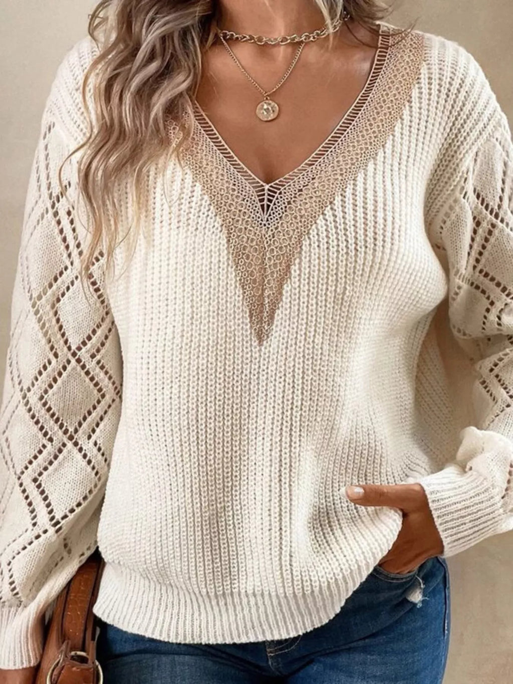 Women's V-Neck Openwork Knit Sweater - Bohemian Casual-Chic Top