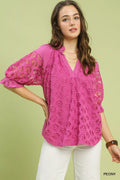 Peony V-Neck Lace Puff Sleeve Linen Blend Top