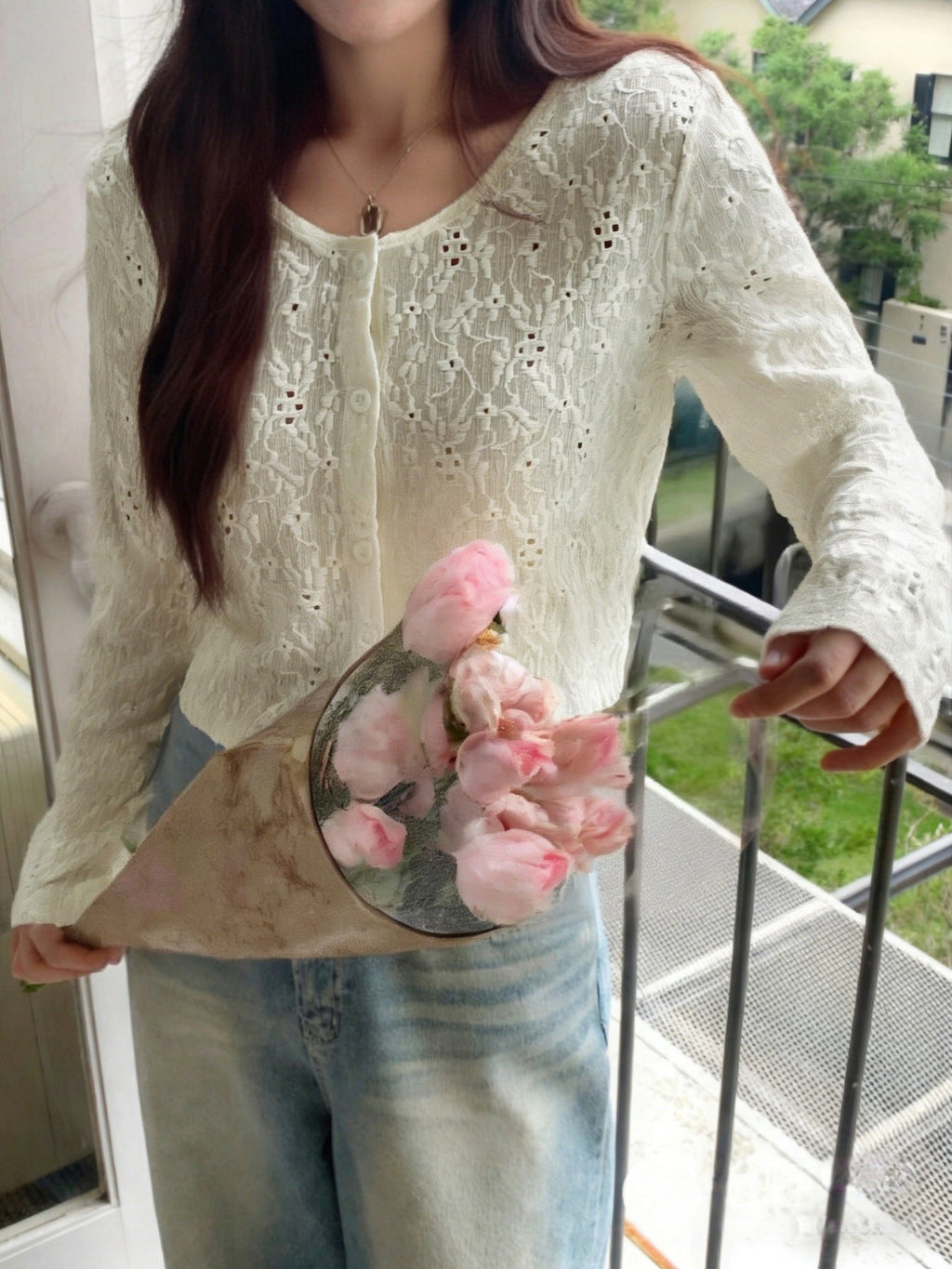 Women's Lightweight Lace Button Up Cardigan Long Sleeve Top