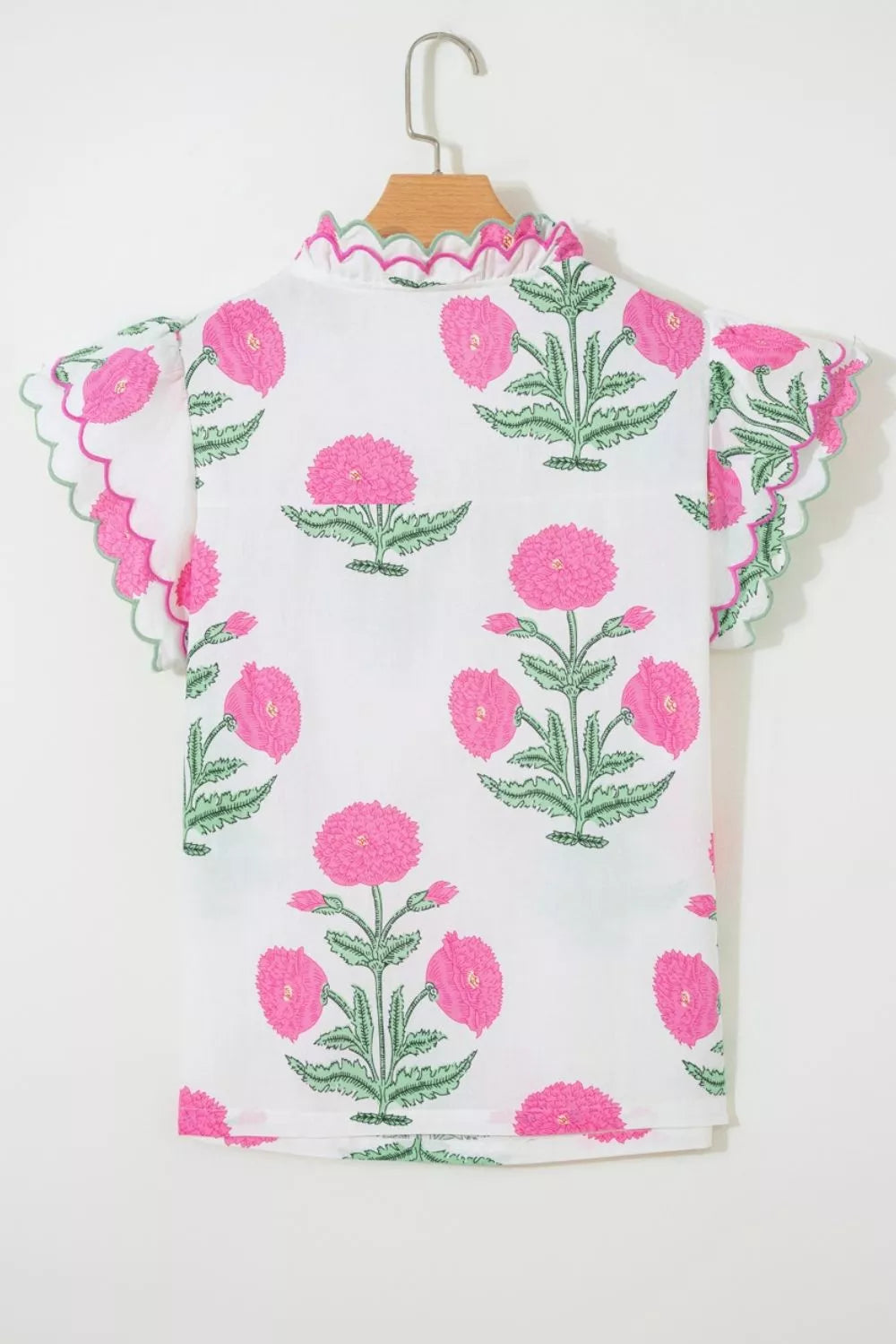 Floral Scallop Trim V Neck Blouse White Pink Green