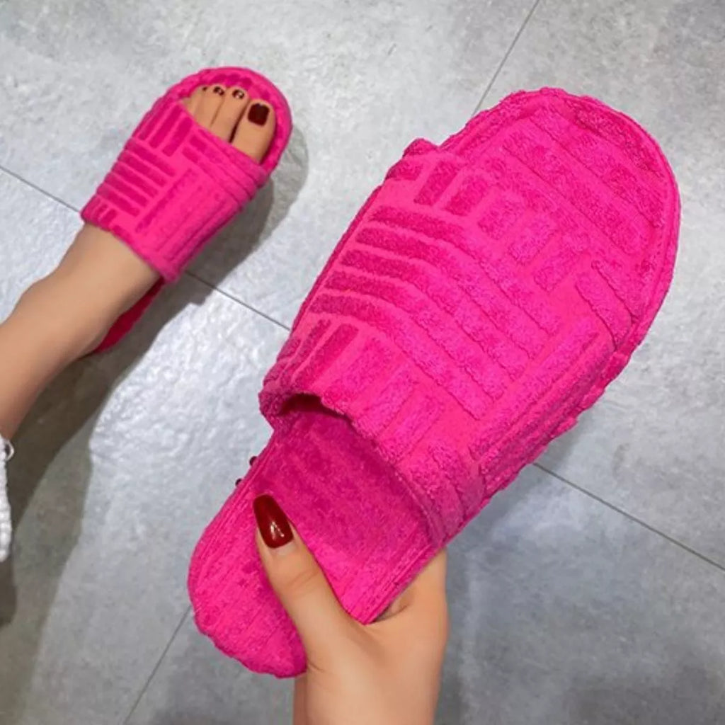 White Open Toe Platform Slippers Textured Slide Sandals