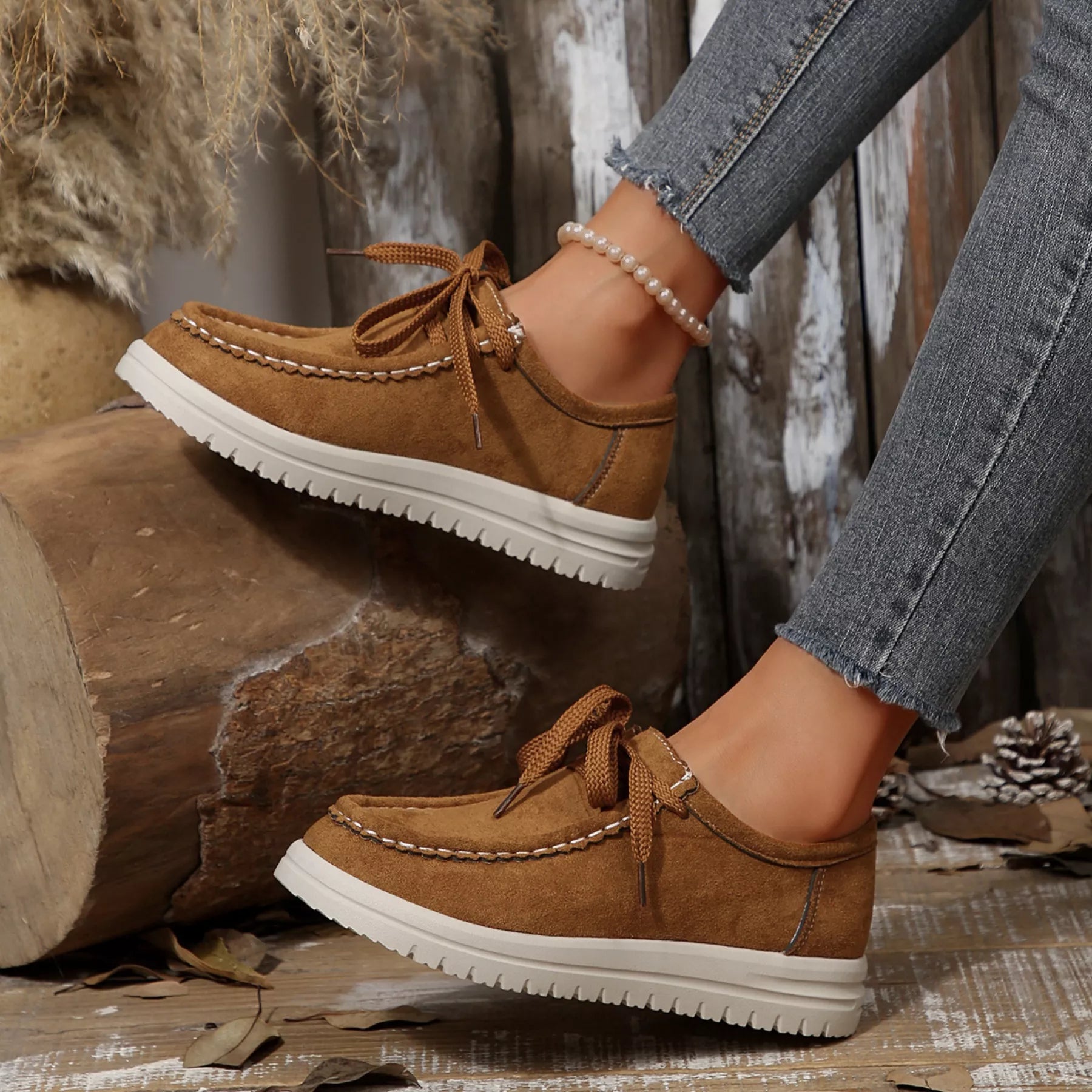 Women's Lace-Up Suede Round Toe Flats Comfortable Casual Shoes