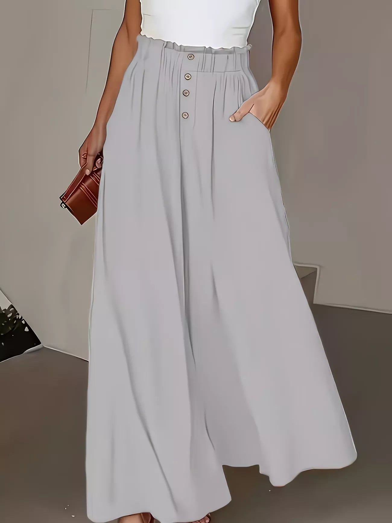 Beige High-Waisted Wide-Leg Pants with Button Detail