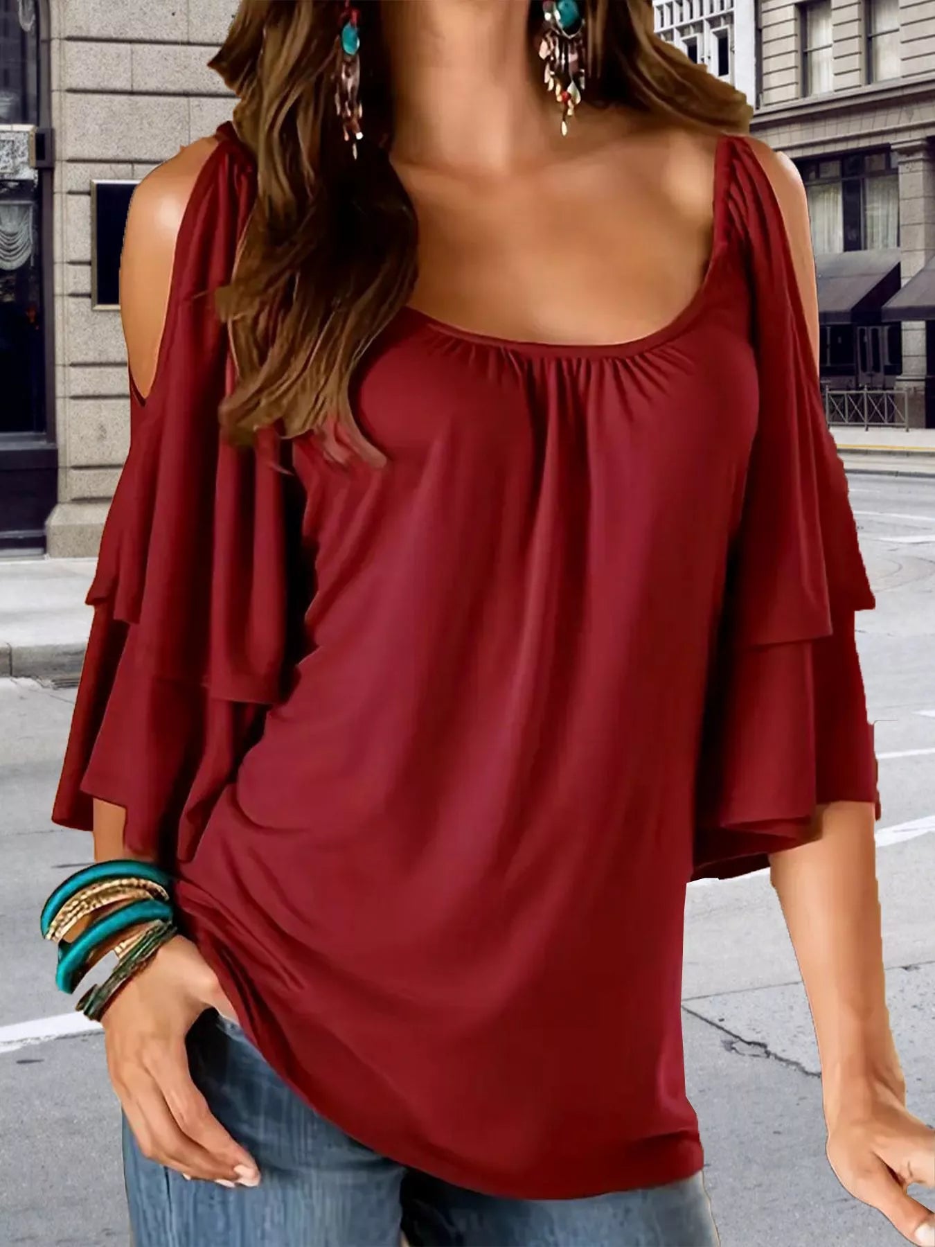 Cold Shoulder Ruffle Sleeve Top