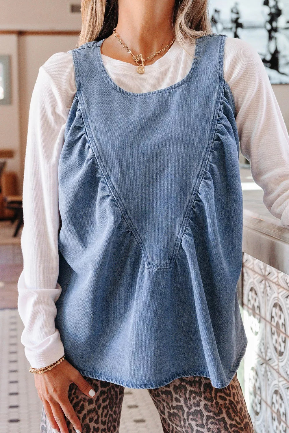 Blue Denim Pleated Patchwork Sleeveless Top for Casual Wear