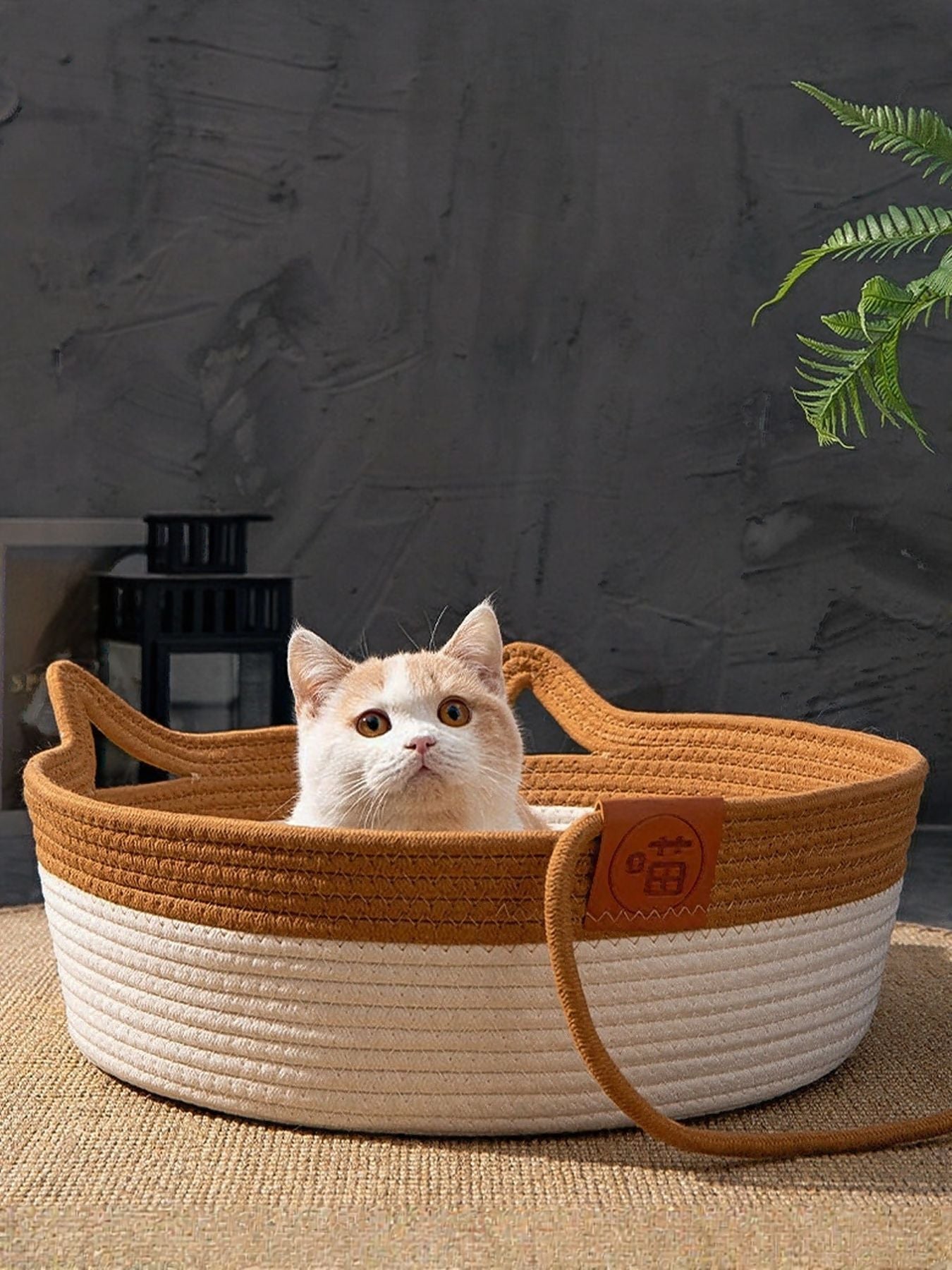 Woven Cotton Cord Cat Ear Pet Bed Cozy Semi-Enclosed Nest